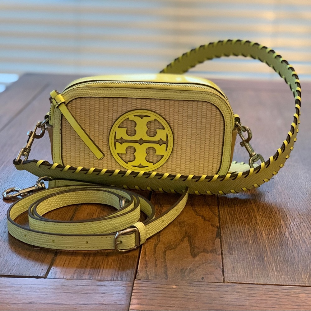 Tory Burch Spring 23 Mini Miller Crossbody Citrus w/ Straw Details